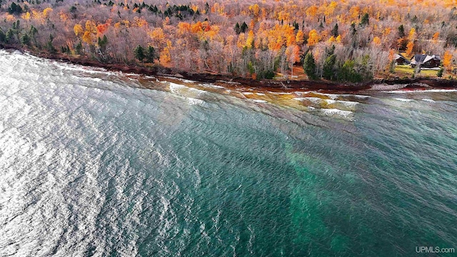 drone / aerial view featuring a water view