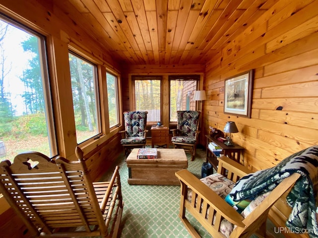 sunroom with wooden ceiling