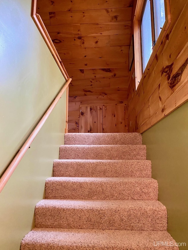 staircase with wooden walls