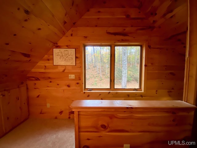 additional living space with wood walls, carpet, and vaulted ceiling