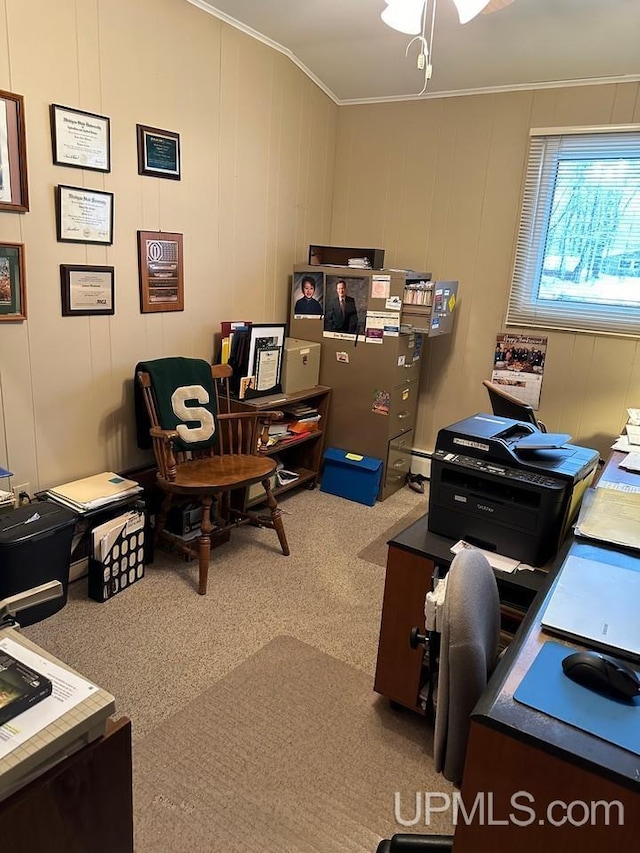 carpeted home office featuring crown molding