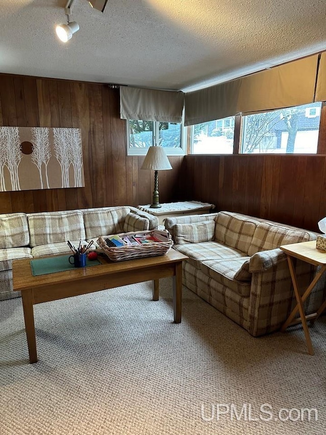 living room with carpet flooring, a textured ceiling, and wooden walls