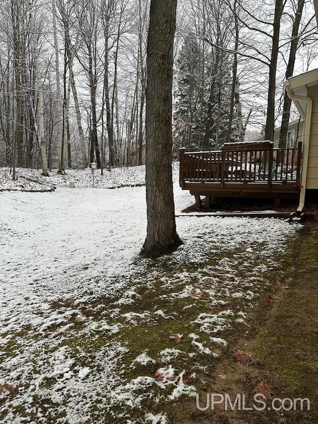 yard covered in snow with a deck