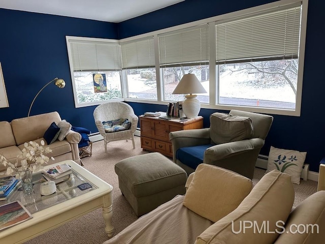 interior space featuring carpet and a baseboard radiator