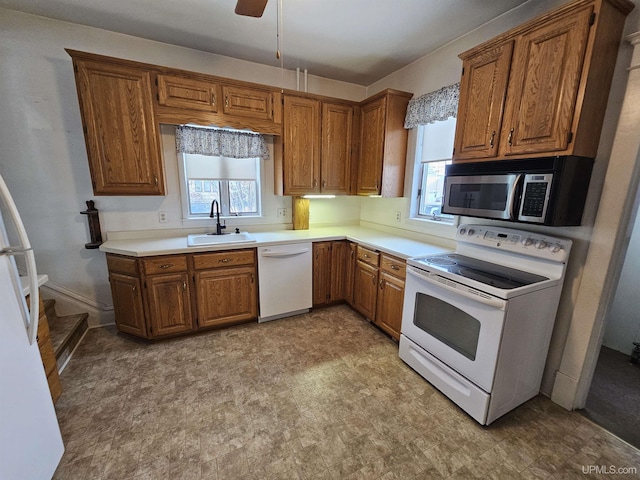 kitchen with white appliances, ceiling fan, and sink