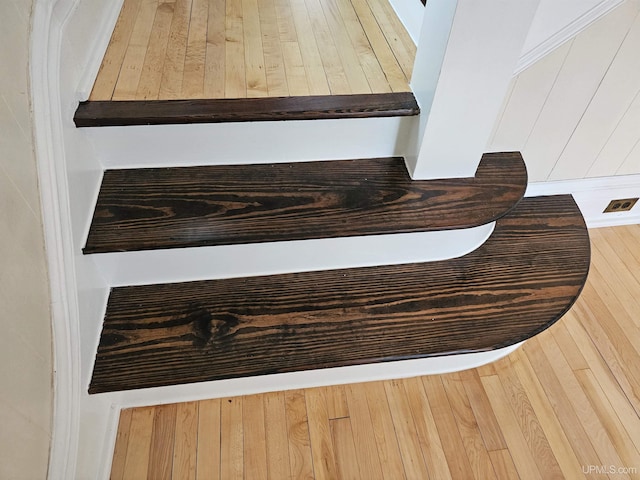 interior details with wood walls and wood-type flooring