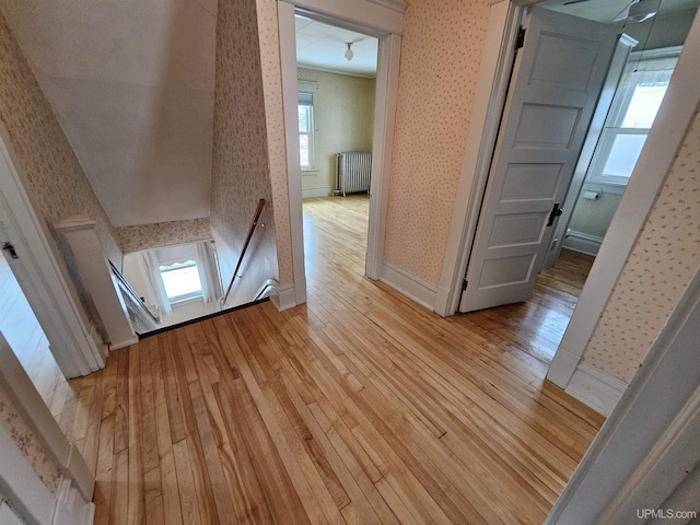 hallway featuring light hardwood / wood-style flooring and radiator heating unit