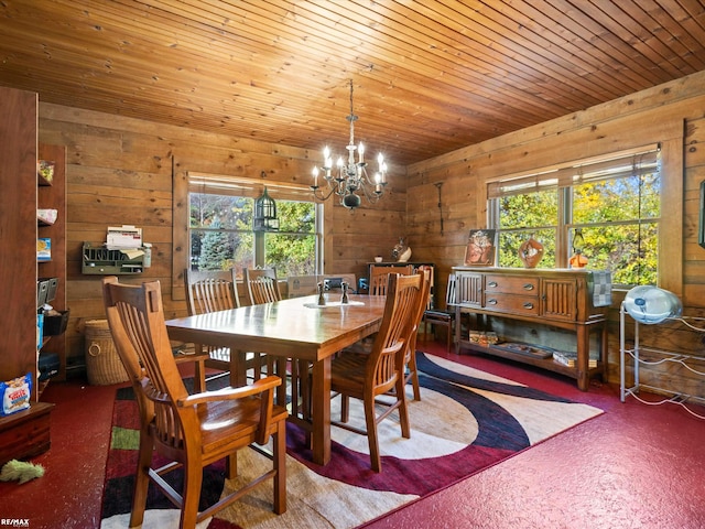 dining area with carpet flooring, a wealth of natural light, wooden walls, and wood ceiling