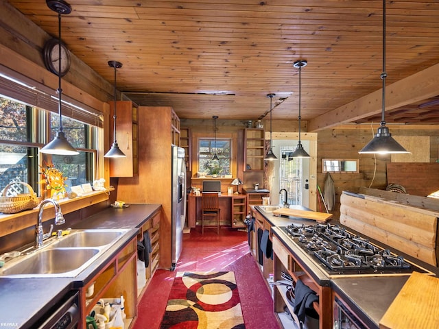 kitchen featuring dark carpet, wood ceiling, sink, pendant lighting, and stainless steel fridge with ice dispenser