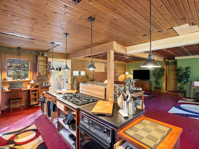 kitchen featuring decorative light fixtures, wood walls, wooden ceiling, and ceiling fan