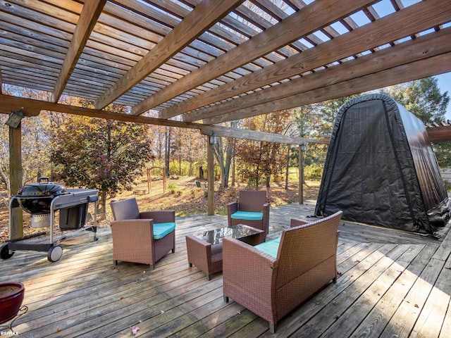 deck featuring an outdoor living space and a pergola