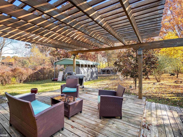 wooden terrace with a pergola and a yard