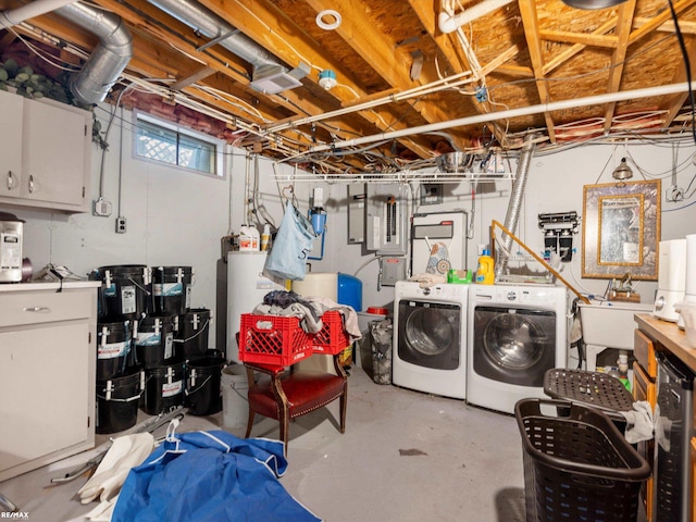 laundry room with washer and dryer, electric panel, sink, and wine cooler