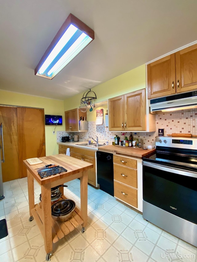 kitchen with backsplash, dishwasher, stainless steel electric range oven, and sink