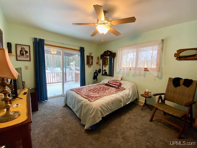 carpeted bedroom with access to exterior and ceiling fan