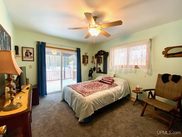 bedroom with dark colored carpet, ceiling fan, and access to outside