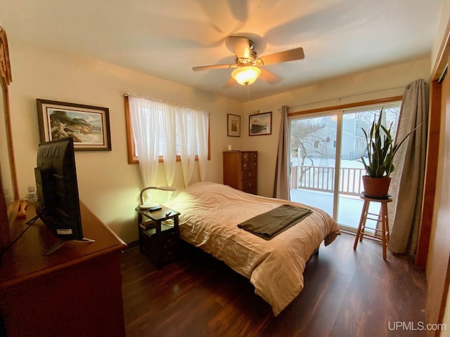 bedroom with ceiling fan, dark hardwood / wood-style flooring, and access to exterior