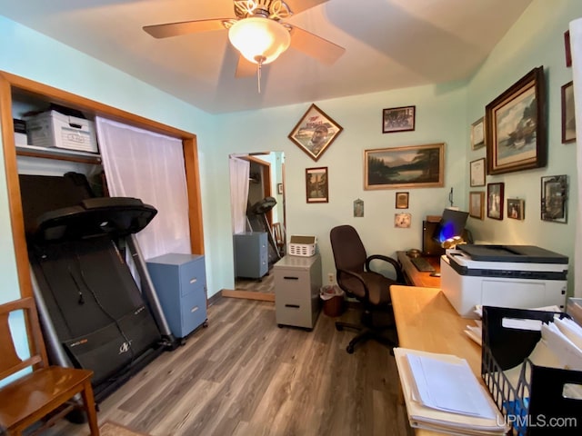 home office with hardwood / wood-style flooring and ceiling fan