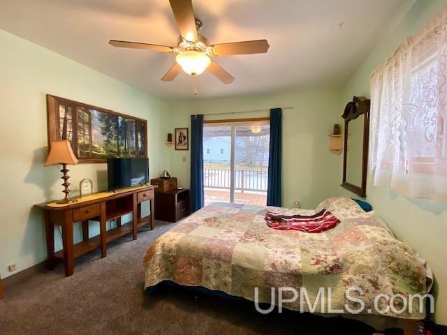 carpeted bedroom featuring access to outside and ceiling fan