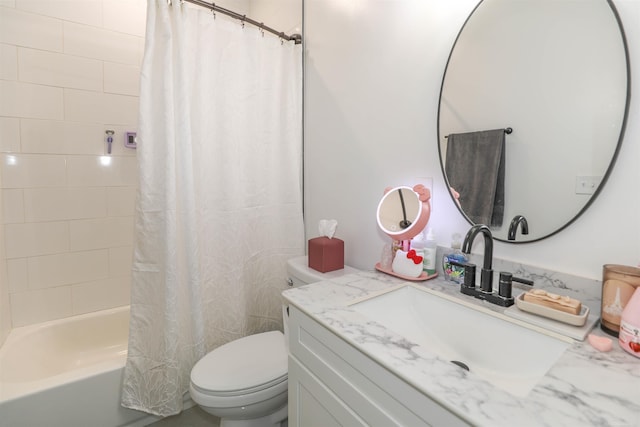 full bathroom with vanity, toilet, and shower / bathtub combination with curtain