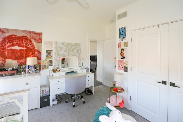 home office featuring light carpet