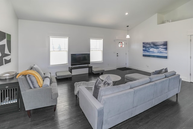 living room featuring high vaulted ceiling and dark wood-type flooring