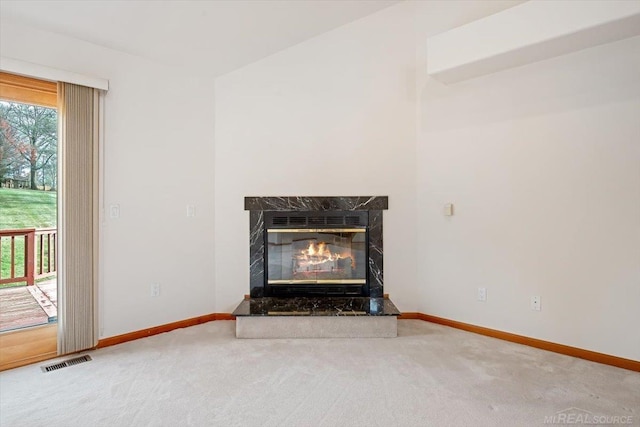 details featuring carpet flooring and a high end fireplace