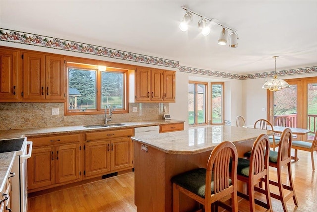 kitchen featuring pendant lighting, sink, a healthy amount of sunlight, and light hardwood / wood-style floors