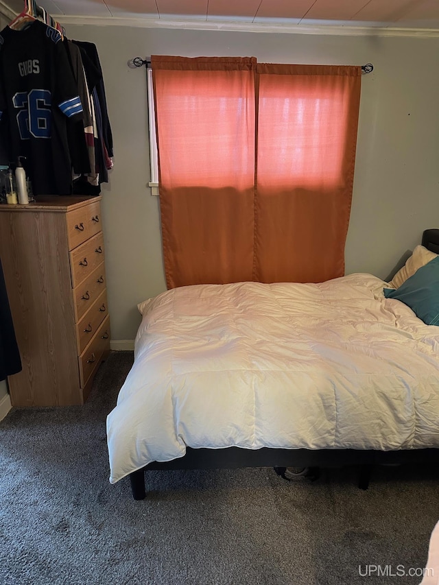 carpeted bedroom with crown molding