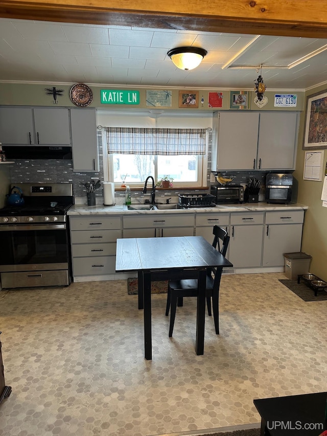 kitchen with decorative backsplash, crown molding, sink, and stainless steel stove