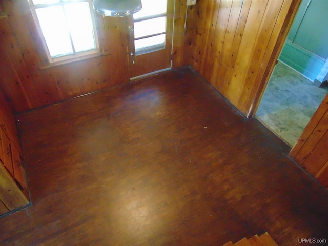 unfurnished room featuring wooden walls and dark wood-type flooring