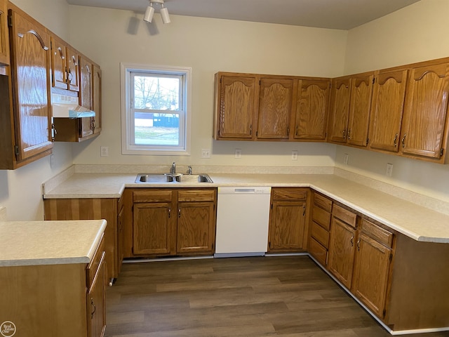 kitchen with dishwasher, dark hardwood / wood-style floors, ceiling fan, and sink