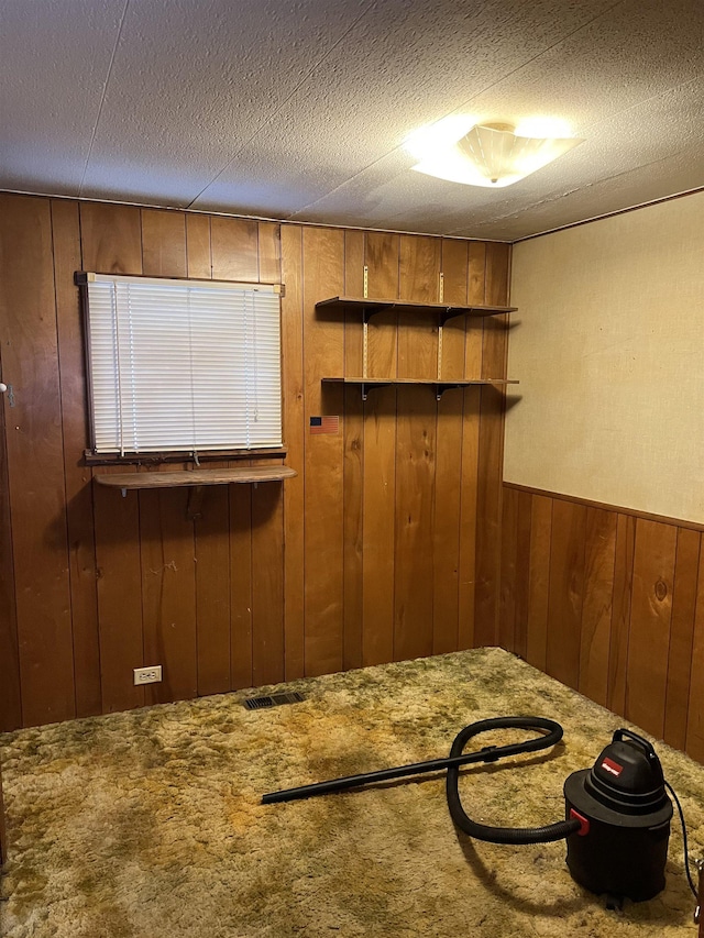 interior space featuring a textured ceiling, carpet floors, and wood walls