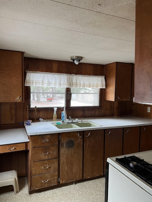 kitchen with white range with gas cooktop, a healthy amount of sunlight, sink, and wooden walls