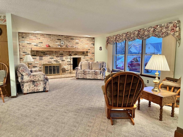 carpeted living room with a textured ceiling and a brick fireplace