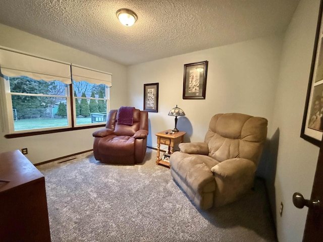 living area with carpet floors and a textured ceiling