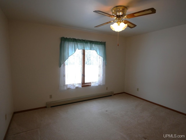 unfurnished room with ceiling fan, light colored carpet, and baseboard heating