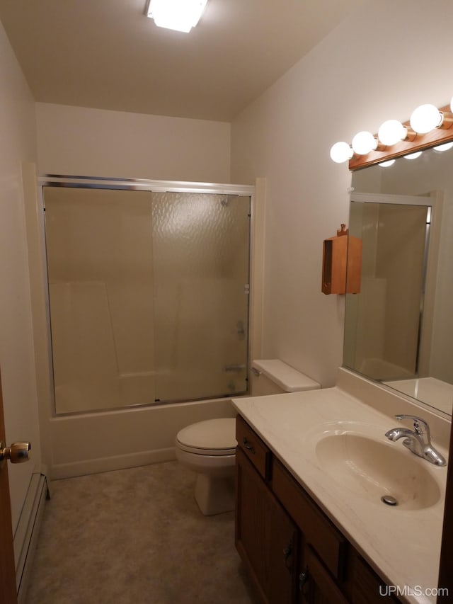 full bathroom featuring vanity, toilet, combined bath / shower with glass door, and a baseboard heating unit