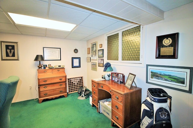 carpeted office featuring a drop ceiling