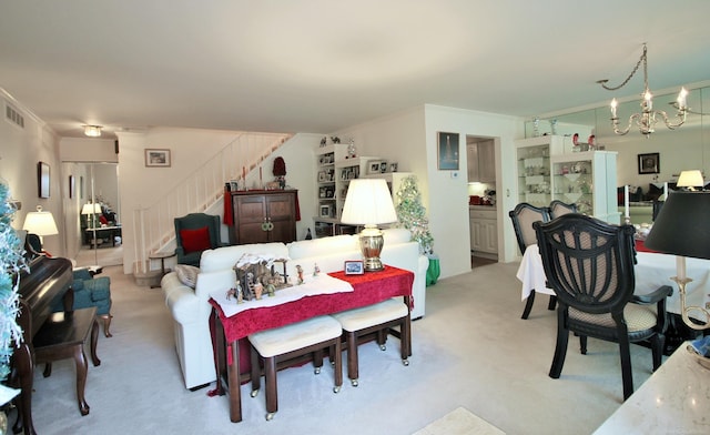 interior space featuring ornamental molding and a notable chandelier