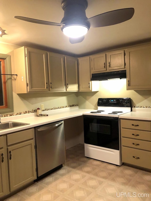 kitchen featuring white electric stove, stainless steel dishwasher, and sink