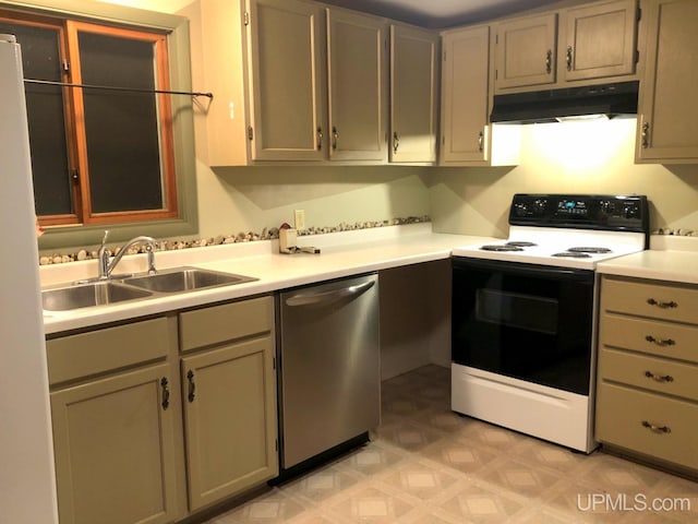 kitchen with gray cabinets, white electric stove, stainless steel dishwasher, and sink