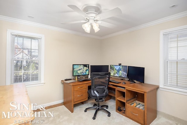 carpeted office space featuring ceiling fan and crown molding