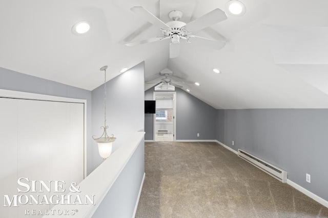 bonus room with carpet floors, a baseboard radiator, vaulted ceiling, and ceiling fan