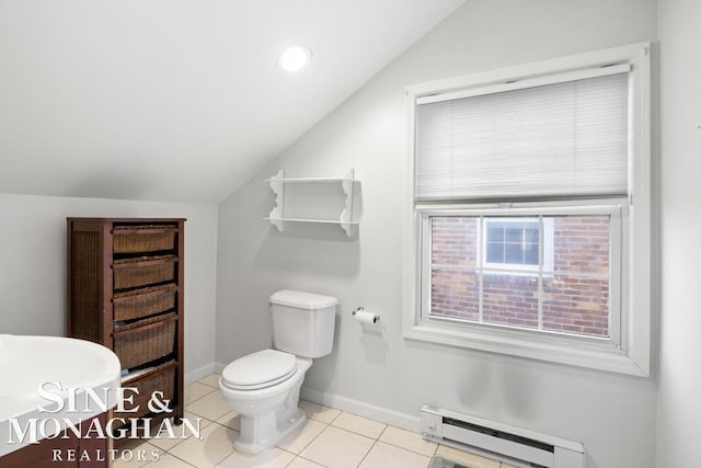 bathroom with tile patterned flooring, a baseboard radiator, vaulted ceiling, and toilet