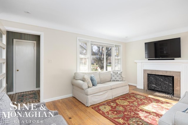 living room featuring hardwood / wood-style floors and a high end fireplace