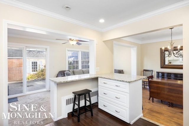 kitchen with kitchen peninsula, light stone countertops, radiator, dark wood-type flooring, and white cabinetry