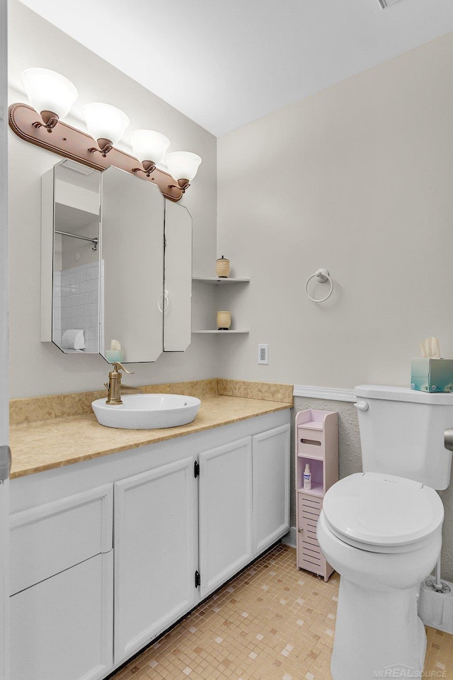 bathroom with vanity, toilet, and a shower