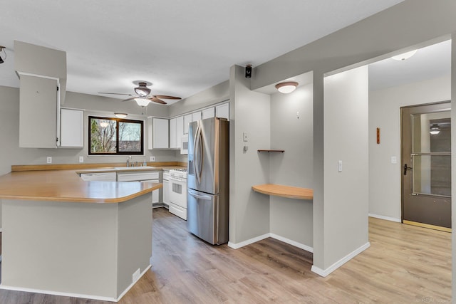 kitchen featuring light hardwood / wood-style floors, kitchen peninsula, stainless steel refrigerator with ice dispenser, and white cabinetry