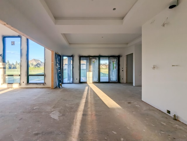 unfurnished room featuring a raised ceiling and plenty of natural light